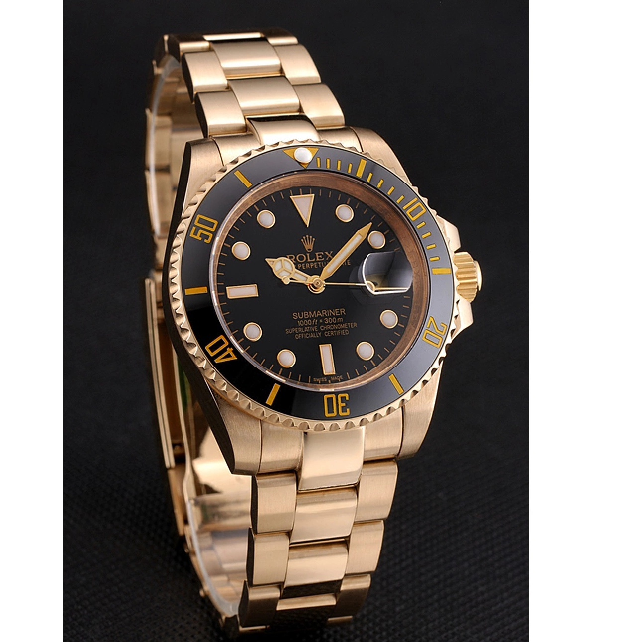 Aaa fake watches Gold Black Rolex Bracelet Yellow Submariner Black Swiss And Bezel Case Dial 0607